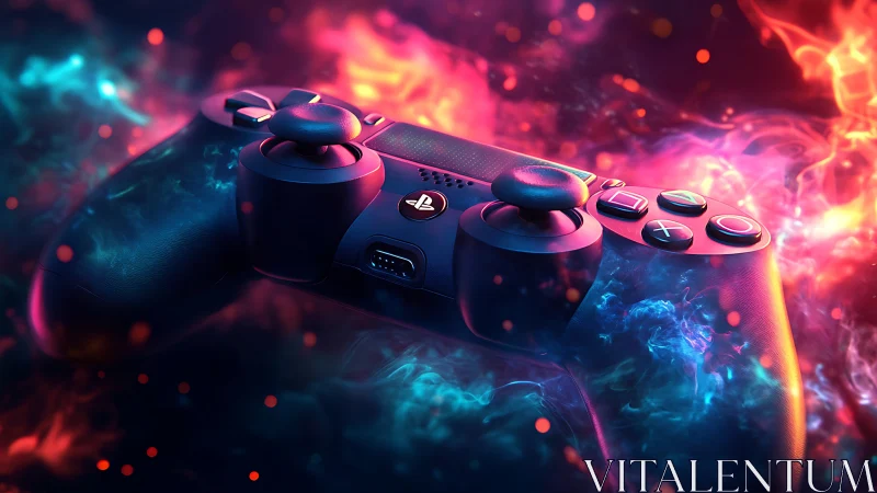 Glowing game controller rests in swirling neon fantasy light