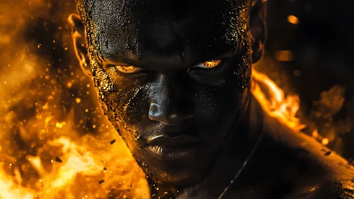 Molten gaze rises from swirling fire and glowing embers