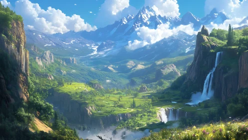 Epic alpine valley with cascading waterfalls and clouds.
