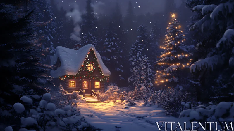 Snow-covered forest cabin glows with warm Christmas lights