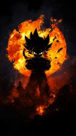 Silhouetted anime warrior before blazing fire moon.