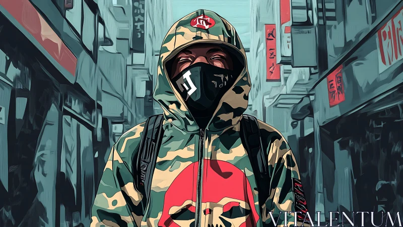 Urban masked figure in camo hoodie dominates neon alley.