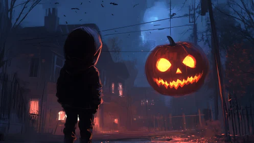 Hooded child faces giant glowing jack o lantern on street.