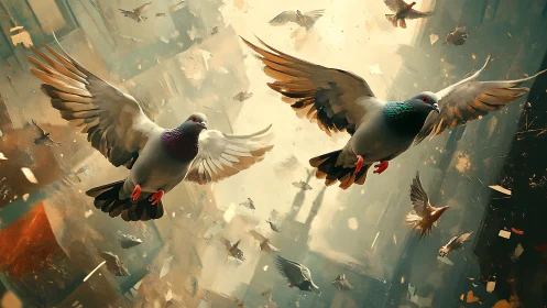 Dynamic flock of pigeons rendered in luminous urban light