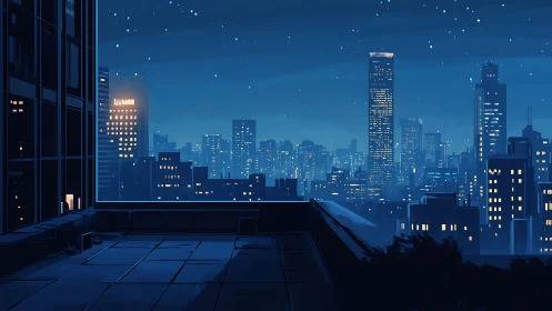 Softly glowing city skyline invites a calm rooftop pause