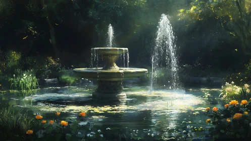 Stone garden fountain sprays water into sunlit pond