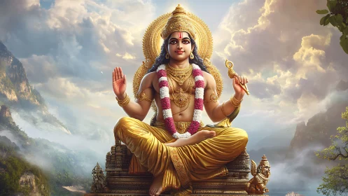Divine seated deity in golden regalia against misty mountainscape