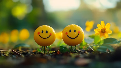 Cheerful smiley figures brighten a dreamy garden morning