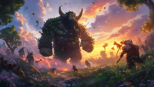 Gentle forest giant meets brave villagers at golden sunset.