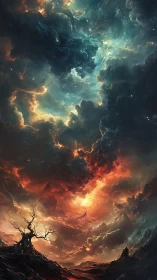 Blazing cosmic storm swirls above a lonely twisted tree