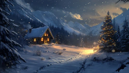 Snow-covered cabin at dusk rendered in luminous digital realism