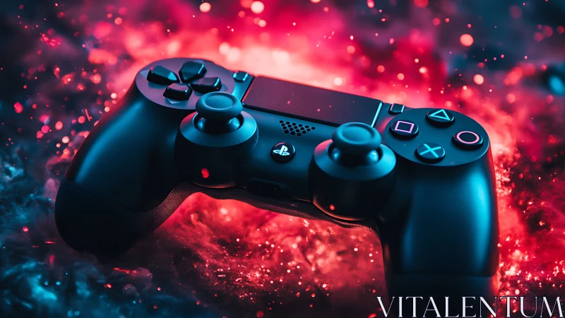 Gaming Controller Against Neon Red and Blue Particle Background