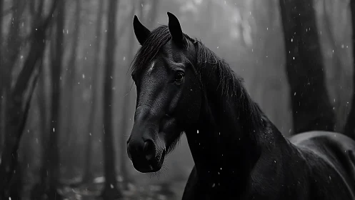 Midnight horse watches snowfall in a haunting shadowed forest.