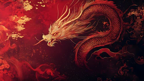 Coiled red dragon rendered against dense abstract red field