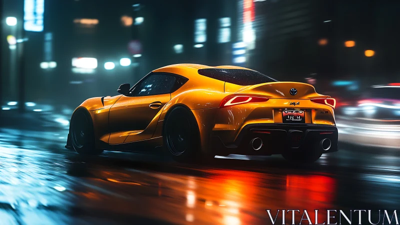 Photorealistic rear three-quarter of orange sports coupe at speed.