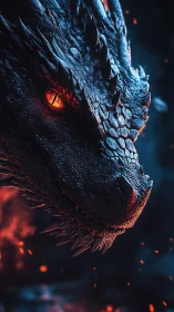 Fiery blue dragon gazing through sparks and swirling embers.