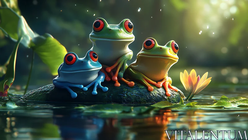 Triadic red-eyed tree frogs on sunlit wetland microhabitat.