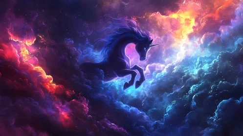 Nebular Unicorn Silhouette in Chromatic Cosmic Cloudscape Digital Painting.