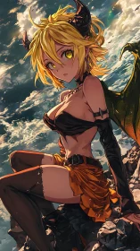 Demon-winged anime girl posed against dramatic skyscape