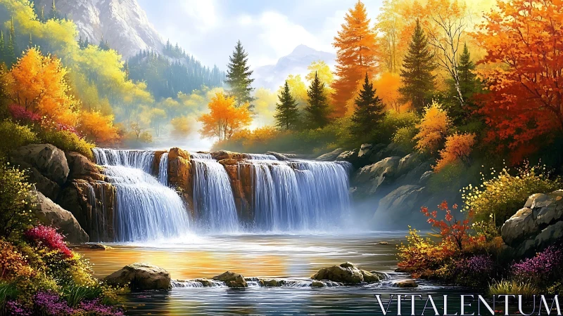 Autumn cascades pour through a sunlit mountain dreamscape.