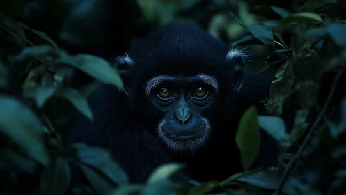 Dark-furred monkey in dense foliage under low light conditions.
