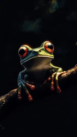Hyperreal red-eyed tree frog portrait on rainforest branch