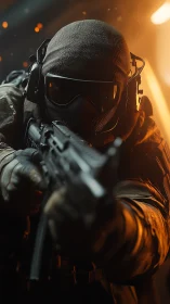 Armed soldier in tactical gear aiming rifle in combat