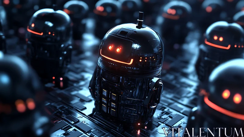 Glossy robot units glow over dark cyber assembly line.