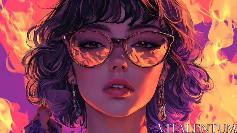 Stylized woman in reflective glasses framed by vivid flames