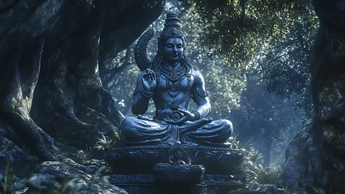 Stone deity sculpture seated in forest clearing at dusk.