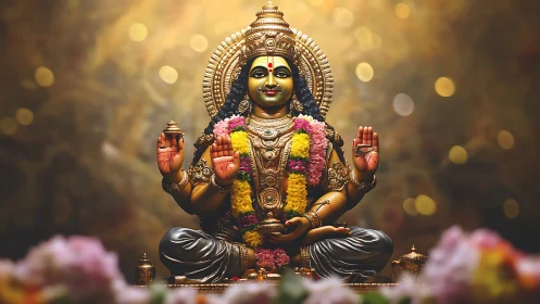 Golden serene deity in marigold garlands and soft bokeh light.