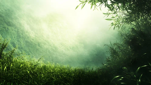 Lush misty rainforest clearing with backlit foliage gradients