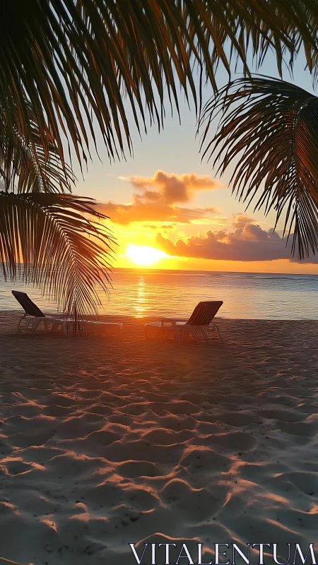 Photorealistic tropical beach sunset framed by palms.