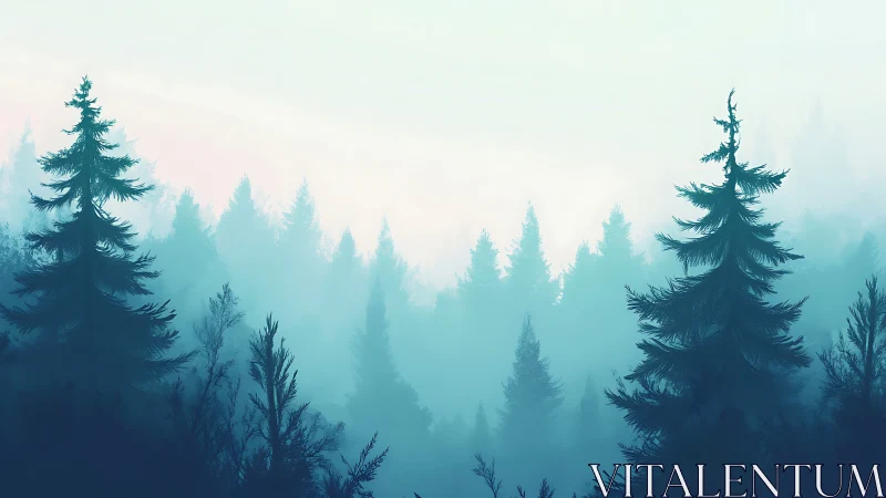Misty coniferous forest in atmospheric fog and soft light.