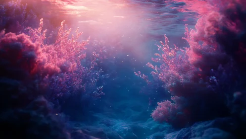 Radiant coral garden glows beneath dreamy ocean surface.
