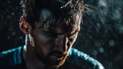 Close-up portrait of wet male athlete under falling water.