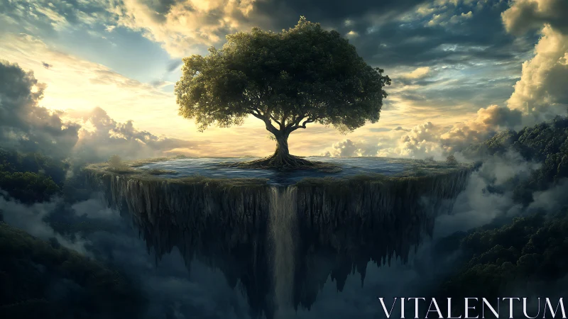 Solitary sky tree crowns floating waterfall plateau.