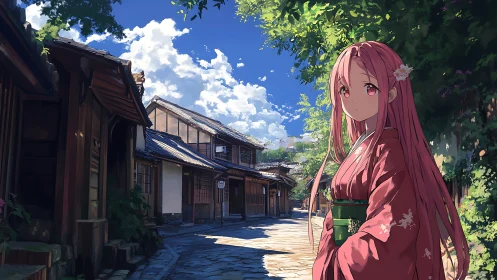 Pink haired girl in kimono on quiet sunny village street.