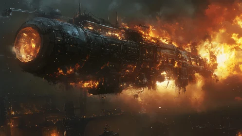 Titanic warship engulfed in apocalyptic orbital inferno.