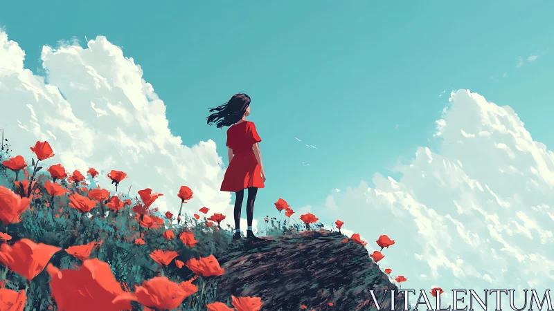 Girl in a red dress dreaming above a bright poppy field.