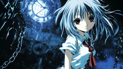 Blue haired anime girl contrasts with industrial clockwork void