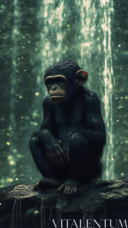 Young chimpanzee sitting by waterfall on mossy rock.