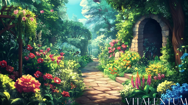 Sunlit garden path drifts toward a softly glowing secret gate