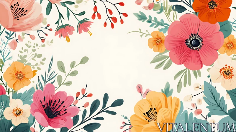 Botanical Floral Pattern with Pink, Orange, Yellow Blooms