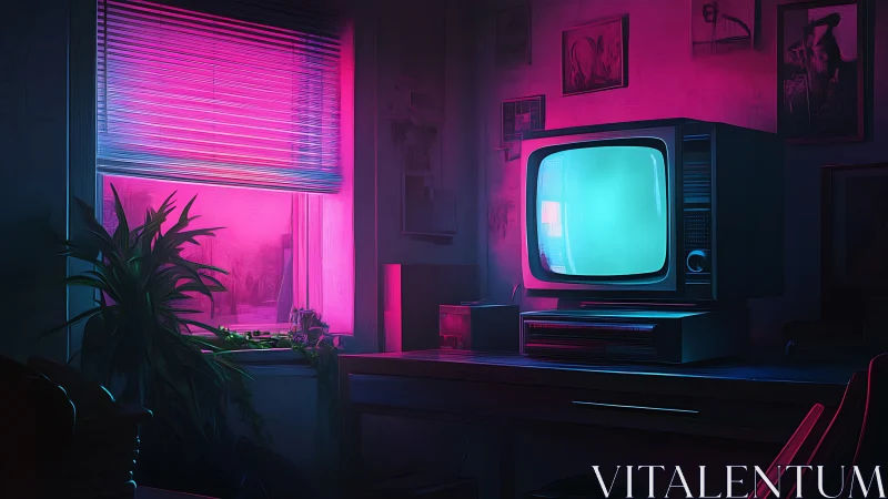 Neon dusk humming through a lonely retro living room screen.
