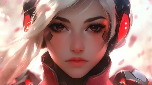 Cyberpunk portrait of armored female pilot, close frontal view.