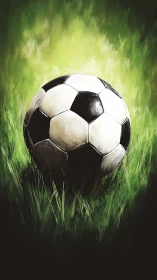 Soccer ball digital painting glowing over vivid green grass.