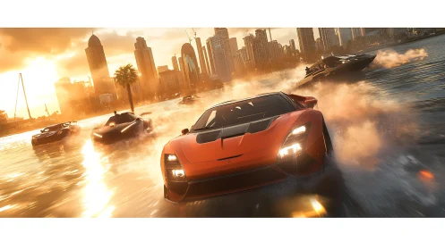 Sunlit hypercars slice liquid asphalt beneath neon skyline