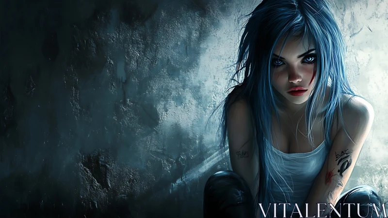 Blue-haired punk girl crouches in dim industrial light.