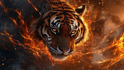 Tiger head emerges through incandescent embers in dynamic chiaroscuro